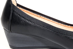 Kally-Soft and comfie leather black slip on wedge with big sparkly flower center