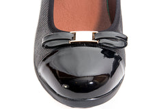 Emily -Comfortable and padded black and metallic blended wedge with golden bow tie